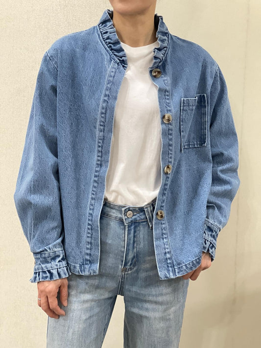 Veste bleue col volanté poche poitrine