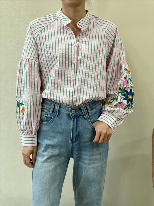 Blouse rayée brodée bicolore