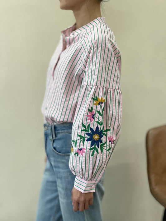 Blouse rayée brodée bicolore
