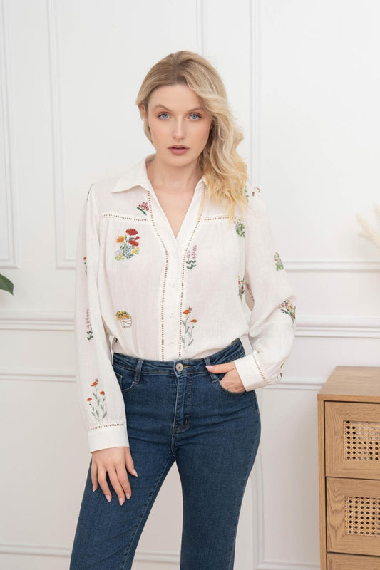 Chemise manches longues broderie florale