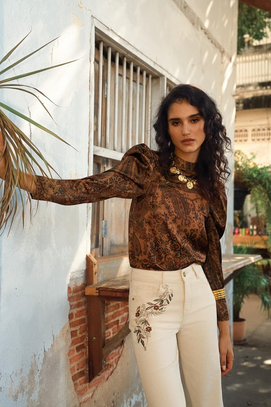 Pantalon évasé brodé bohème